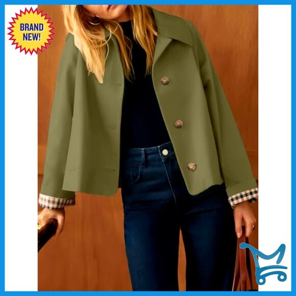 Lightweight Short Trench Jacket with Plaid Lining and Pockets - Picture 2 of 7